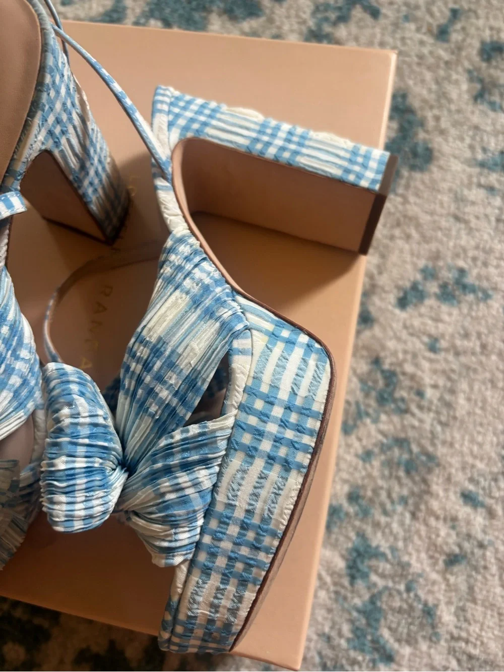 Loeffler Randall Blue & White Plaid Bow Slingback Heels